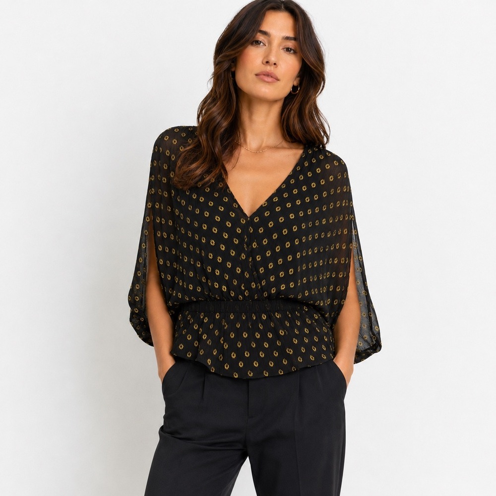 Greylin Silk Lurex Metallic V-Neck Blouse NWT Black Gold Romantic Medium Holiday